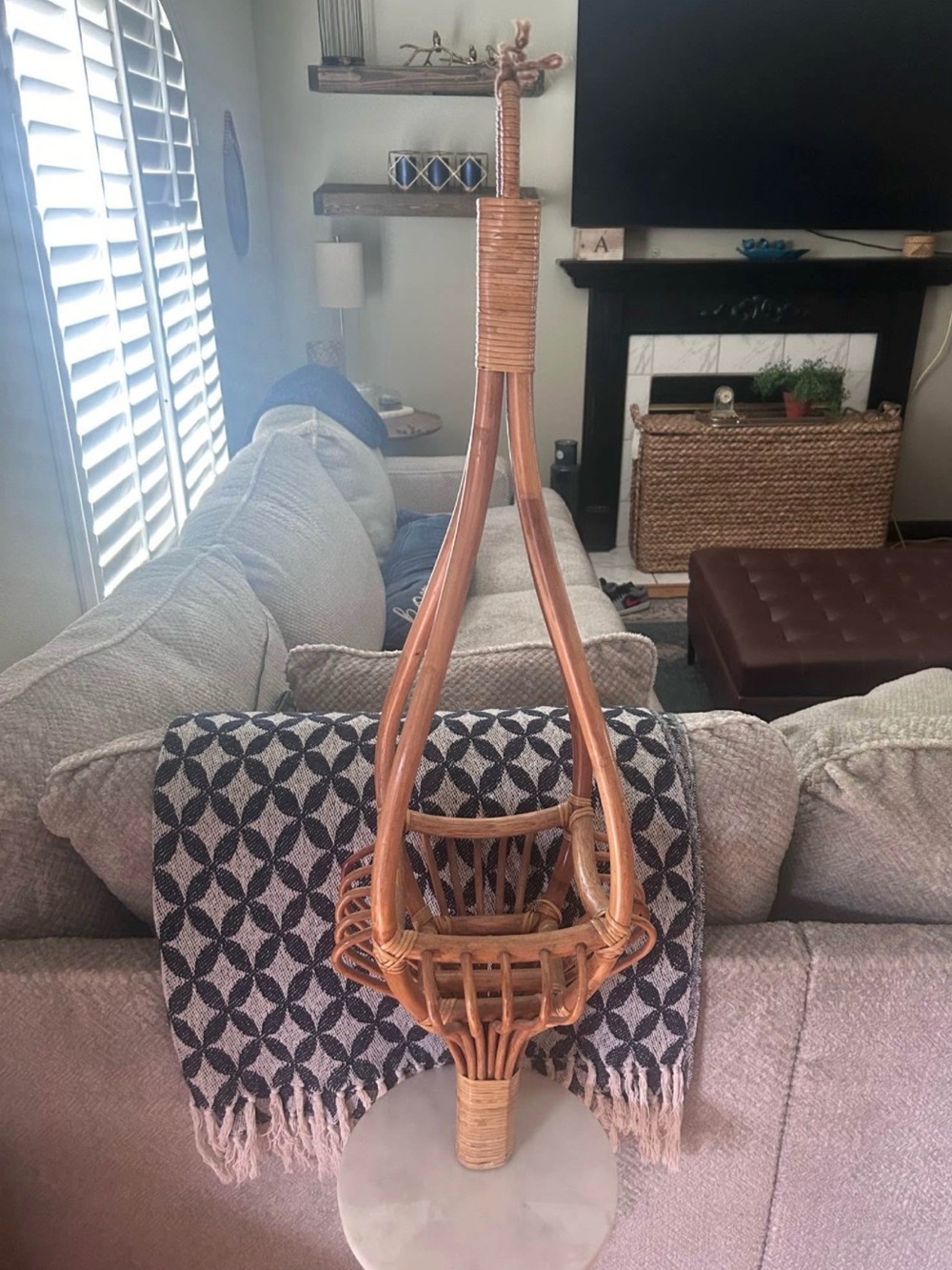Vintage Woven Rattan Hanging Planter in Natural Brown